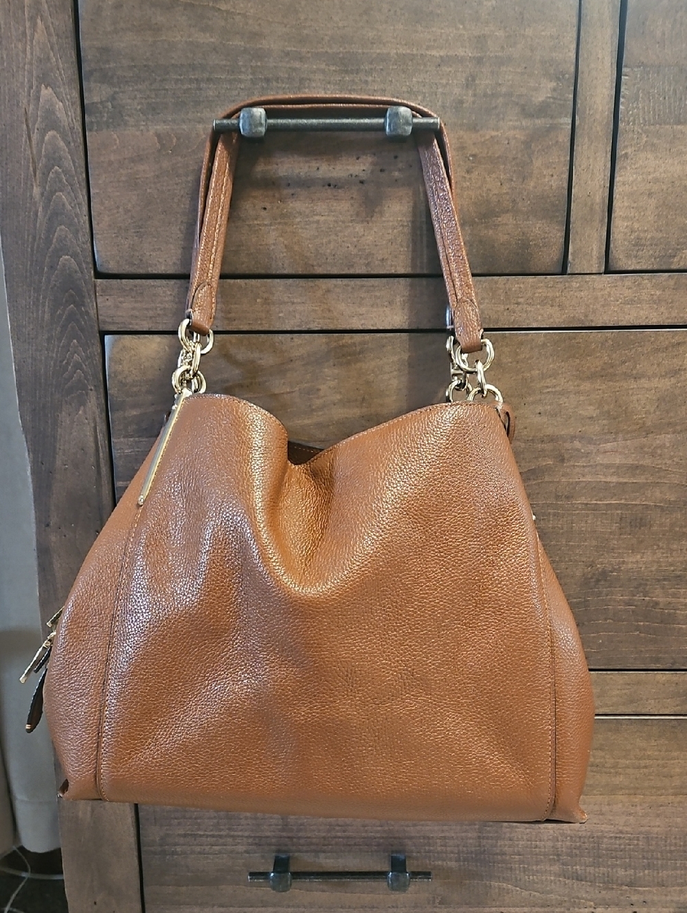 Coach Tan Pebbled Leather Shoulder Bag with Gold Hardware